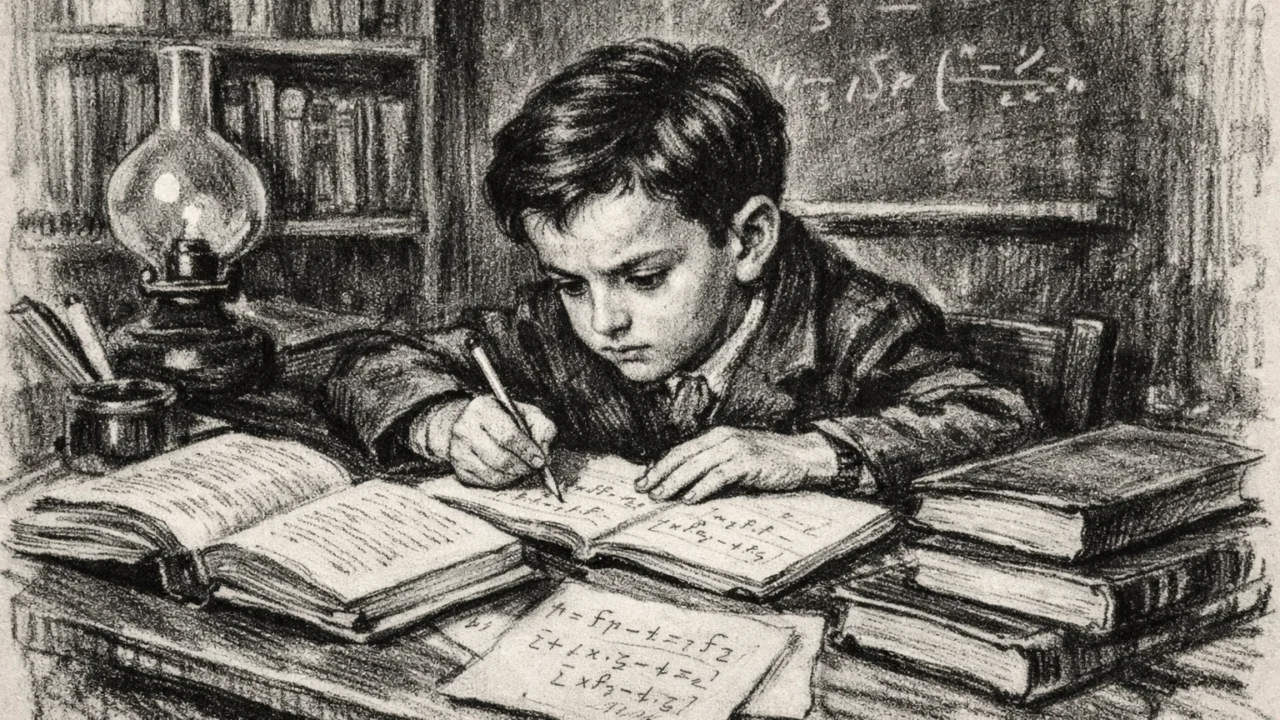 Mladi Lev Landau kao dijete za stolom s knjigama, prikazano u ugalj stilu s izraženim linijama.