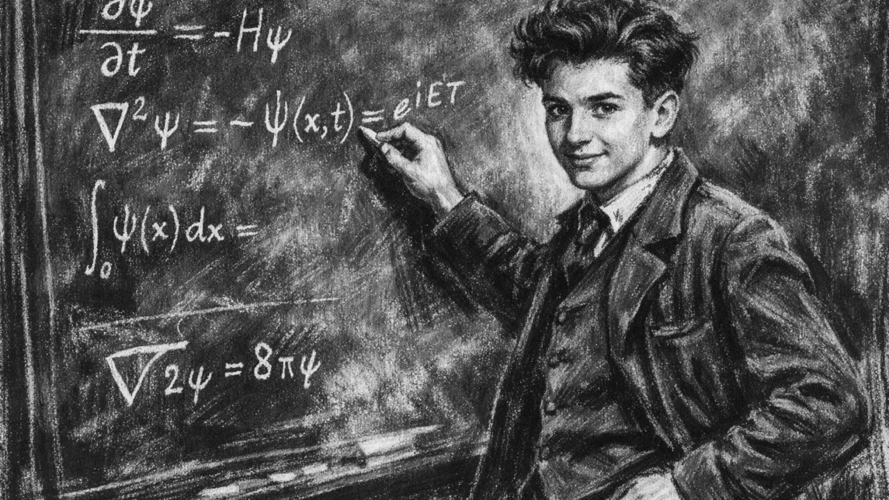 Lev Landau kao mladi student na sveučilištu, scena u ugalj stilu s pločom i formulama.
