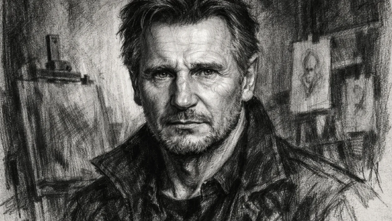 Hero portret Liama Neesona u ugalj stilu, crno-bijeli portret s naglašenim kontrastom i izražajnim linijama.