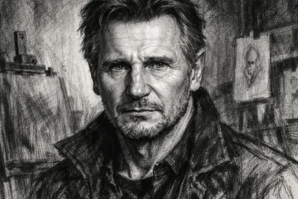 Hero portret Liama Neesona u ugalj stilu, crno-bijeli portret s naglašenim kontrastom i izražajnim linijama.