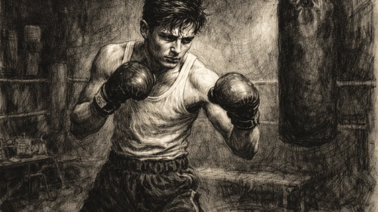 Mladi Liam Neeson tijekom boksačkog treninga u Ballymeni prikazan u ugalj stilu s jakim kontrastom.