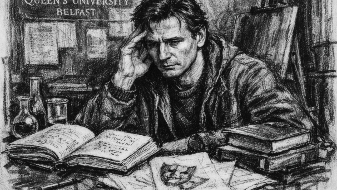 Liam Neeson u studentskim danima na sveučilištu, zamišljen i okružen knjigama, crtež u ugalj stilu.