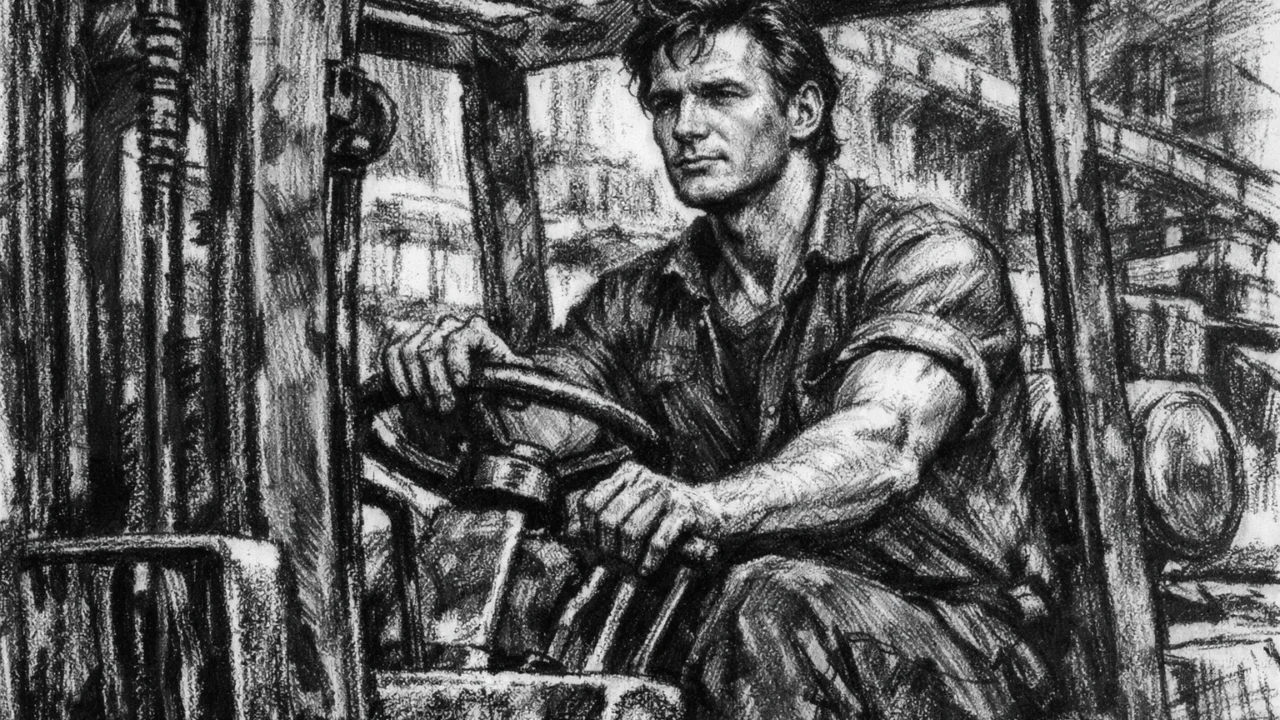 Liam Neeson radeći fizički posao prije glumačke karijere, realističan prikaz u ugalj stilu.