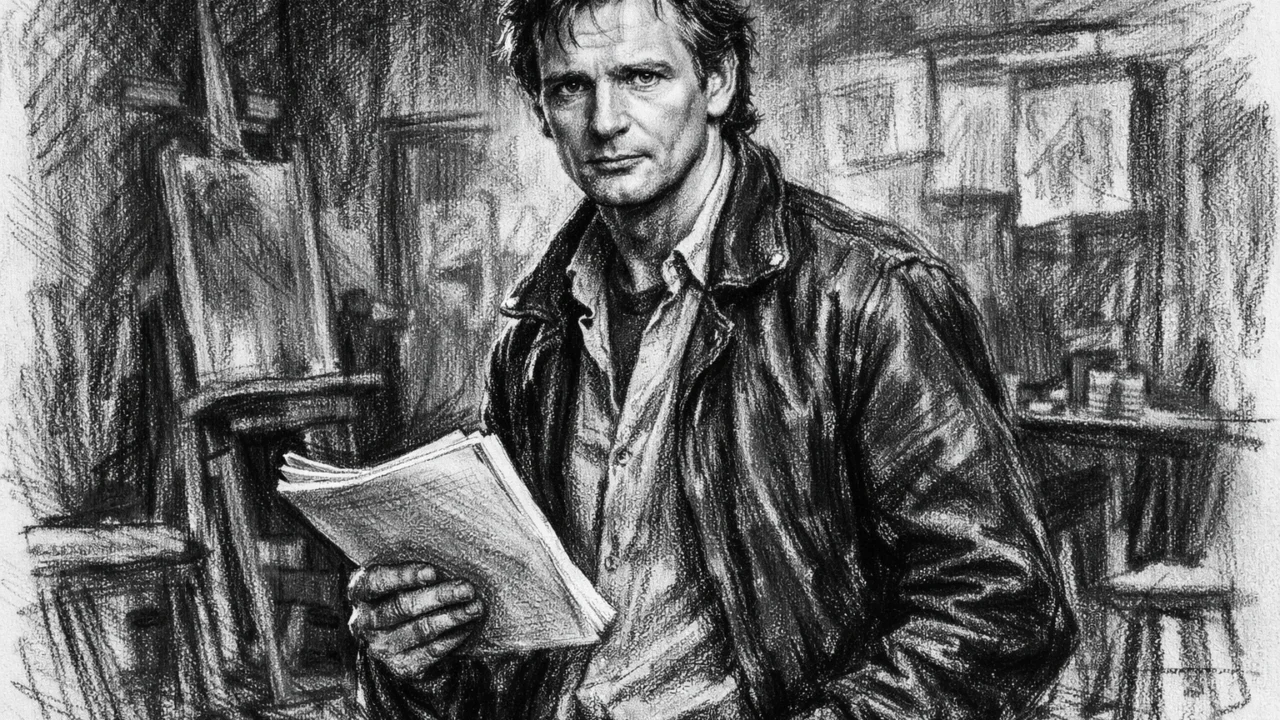 Liam Neeson na početku filmske karijere s filmskim scenarijem u ruci, nacrtan u ugalj stilu.