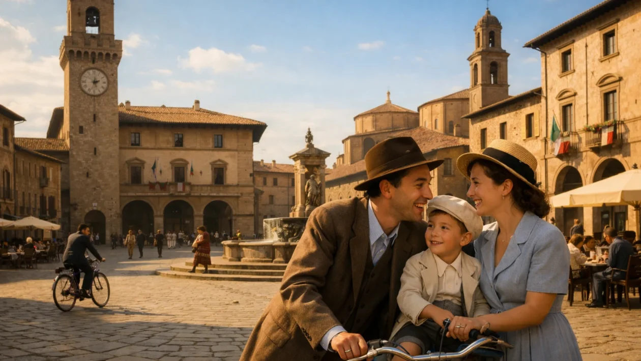 Široki kadar talijanskog grada iz filma Life Is Beautiful koji simbolizira bezbrižno razdoblje prije rata