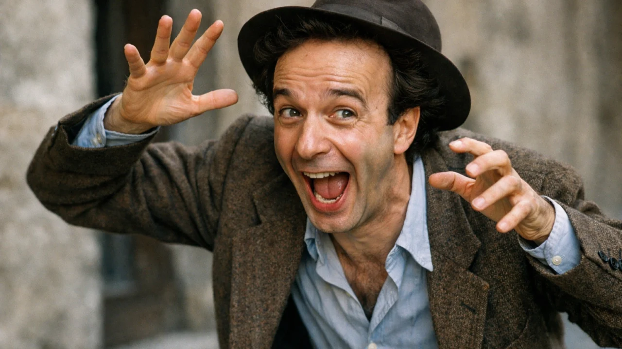Roberto Benigni u ulozi Guida s prepoznatljivom fizičkom komikom u filmu Life Is Beautiful