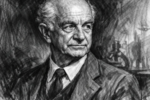 Portret Linusa Paulinga u ugalj stilu, crno-bijeli prikaz znanstvenika snažnog izraza lica.