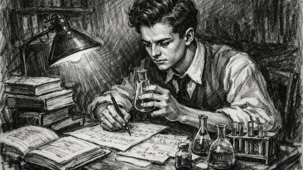 Mladi Linus Pauling tijekom studija, prikazan u ugalj stilu uz knjige i bilješke.