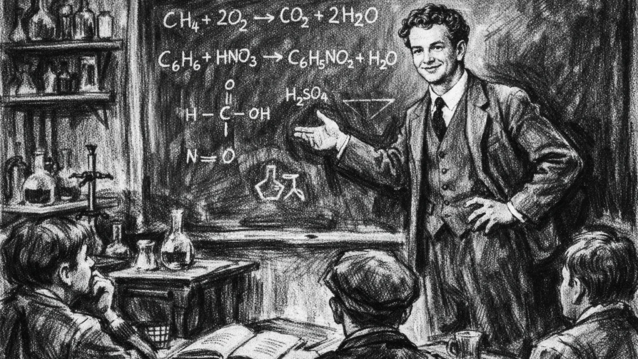 Linus Pauling predaje kemiju studentima, scena nacrtana u ugalj stilu.