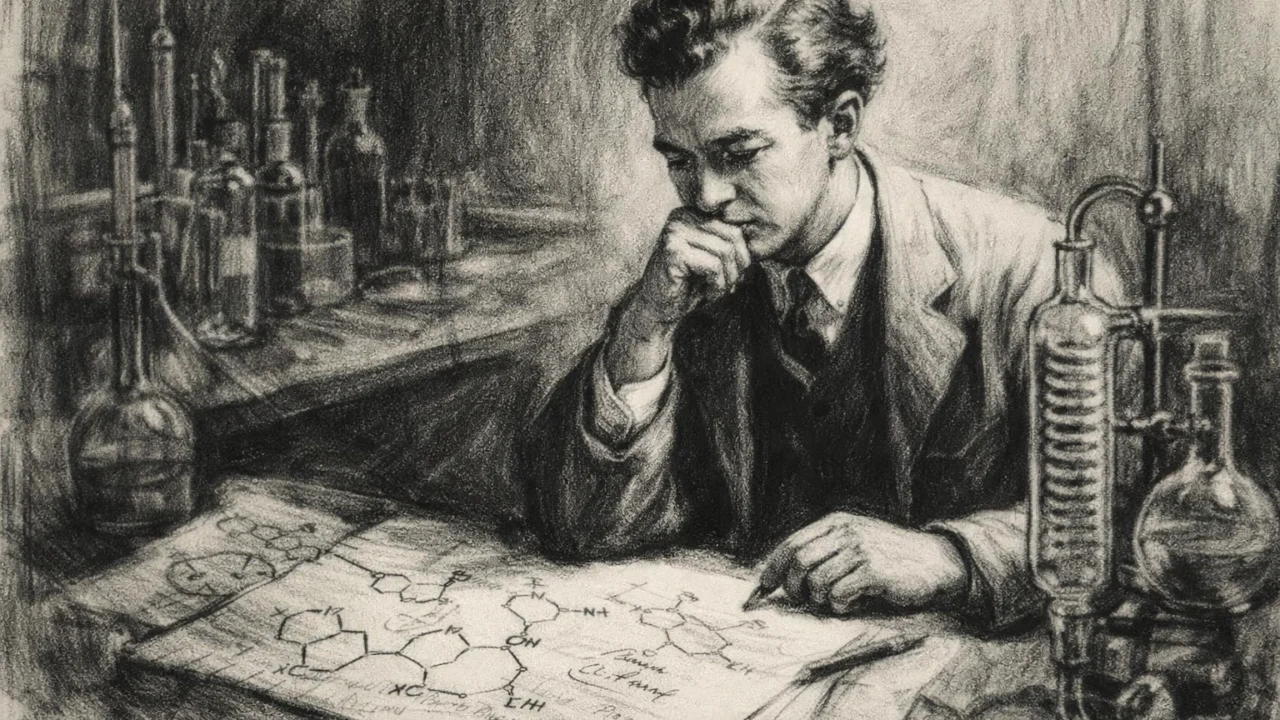 Linus Pauling u laboratoriju Caltecha, znanstveni rad prikazan u ugalj stilu.