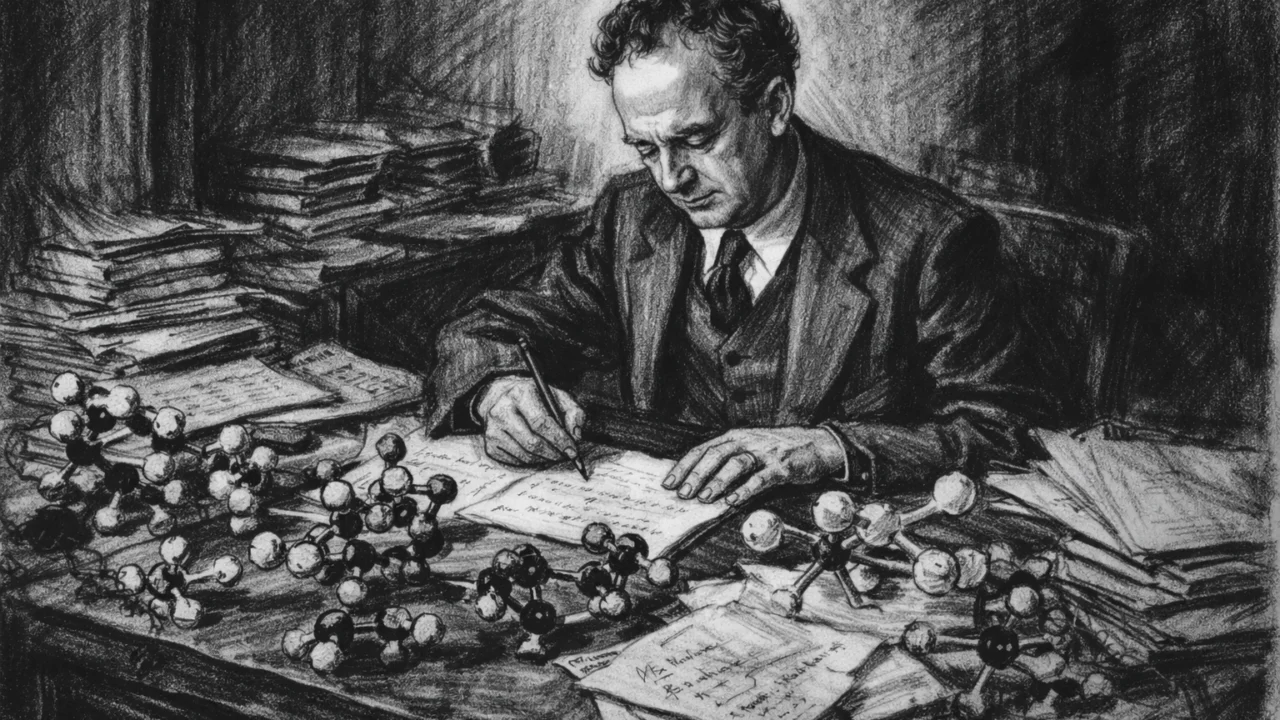 Linus Pauling dok razvija teoriju kemijske veze, ilustriran u ugalj stilu.