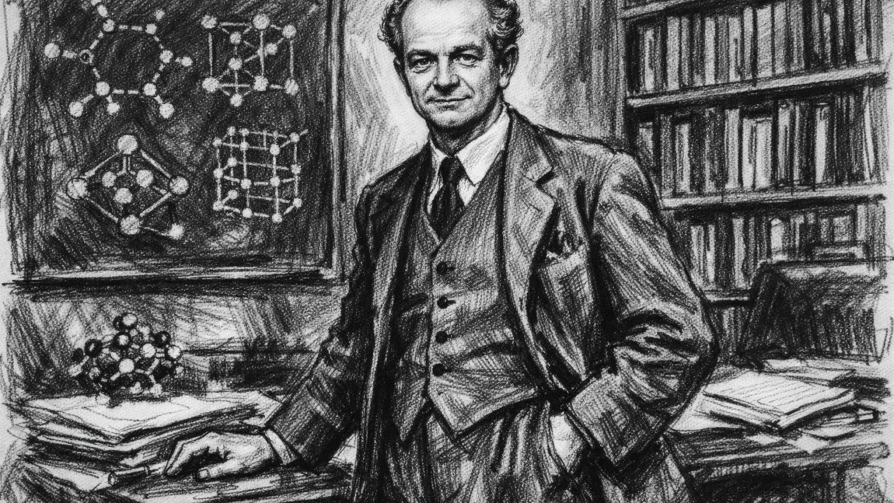 Profesor Linus Pauling u svom uredu, realistični prikaz u ugalj stilu.