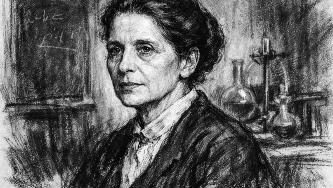 Portret Lise Meitner u ugalj stilu, crno-bijeli crtež visokog kontrasta s izražajnim linijama.