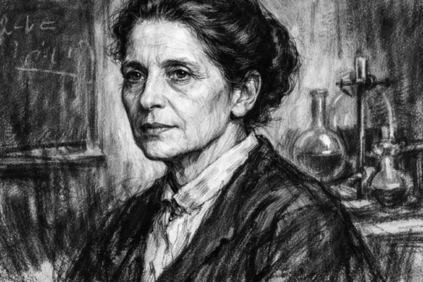 Portret Lise Meitner u ugalj stilu, crno-bijeli crtež visokog kontrasta s izražajnim linijama.