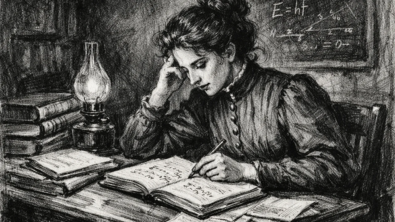Mlada Lise Meitner tijekom studija u Beču, prikazana u ugalj stilu s knjigama i bilješkama.