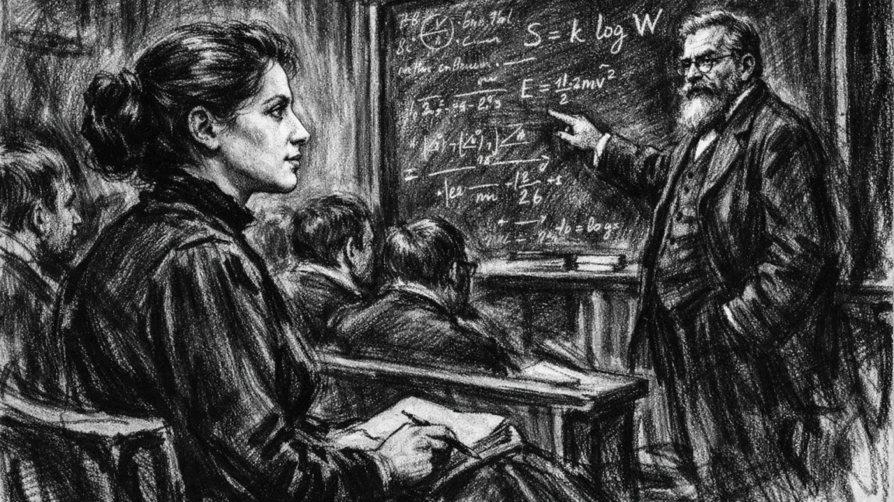 Lise Meitner na predavanju Ludwiga Boltzmanna, umjetnički prikaz u ugalj stilu.