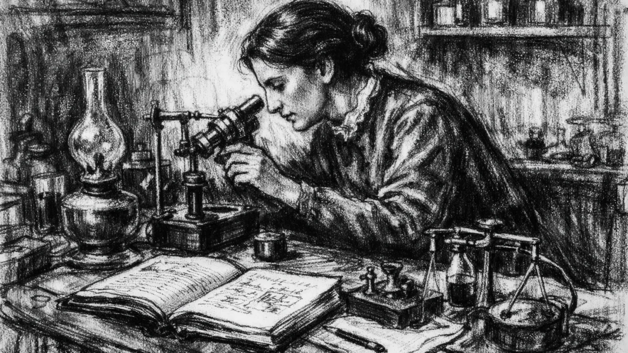 Lise Meitner u berlinskom laboratoriju, znanstveni rad prikazan u ugalj stilu.