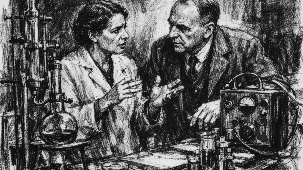 Suradnja Lise Meitner i Otta Hahna u laboratoriju, ilustrirano u ugalj stilu.