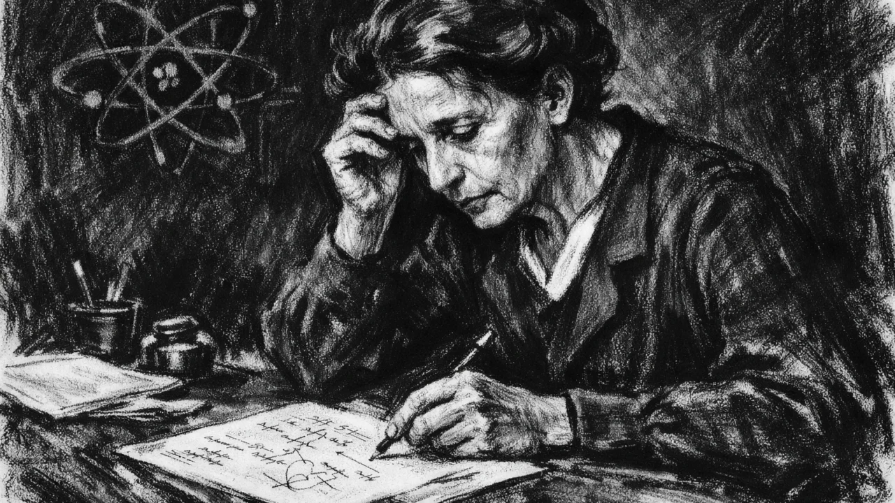 Zamišljena Lise Meitner dok zapisuje znanstvene ideje, prikaz u ugalj stilu.