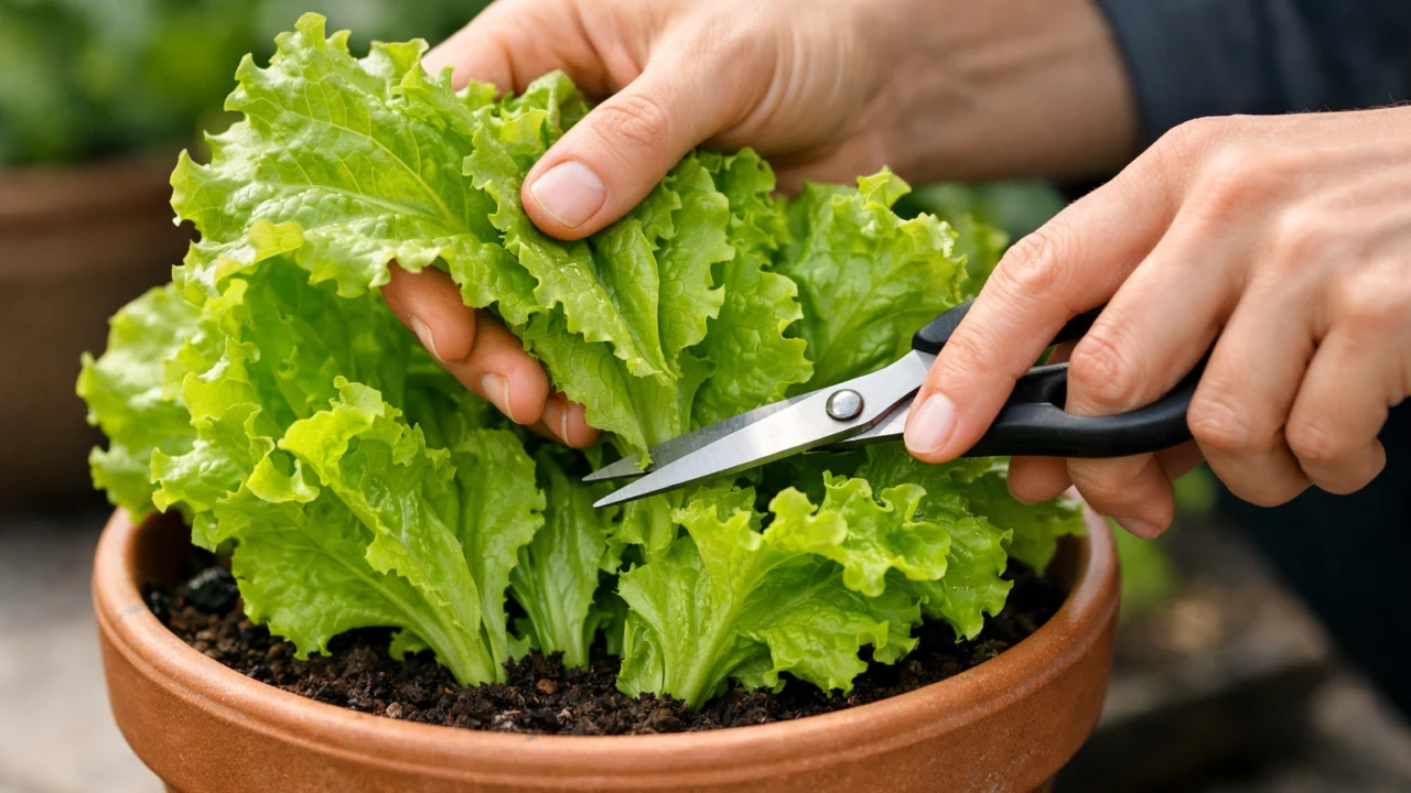 Berba svježih listova salate iz tegle rezanjem vanjskih listova za poticanje novog rasta
