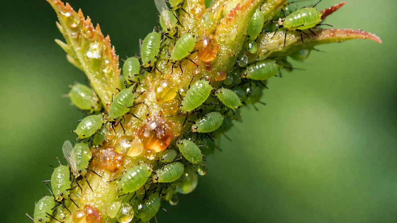 Lisne uši na mladim izdancima biljke, krupan plan zelenih štetnika koji sišu biljne sokove