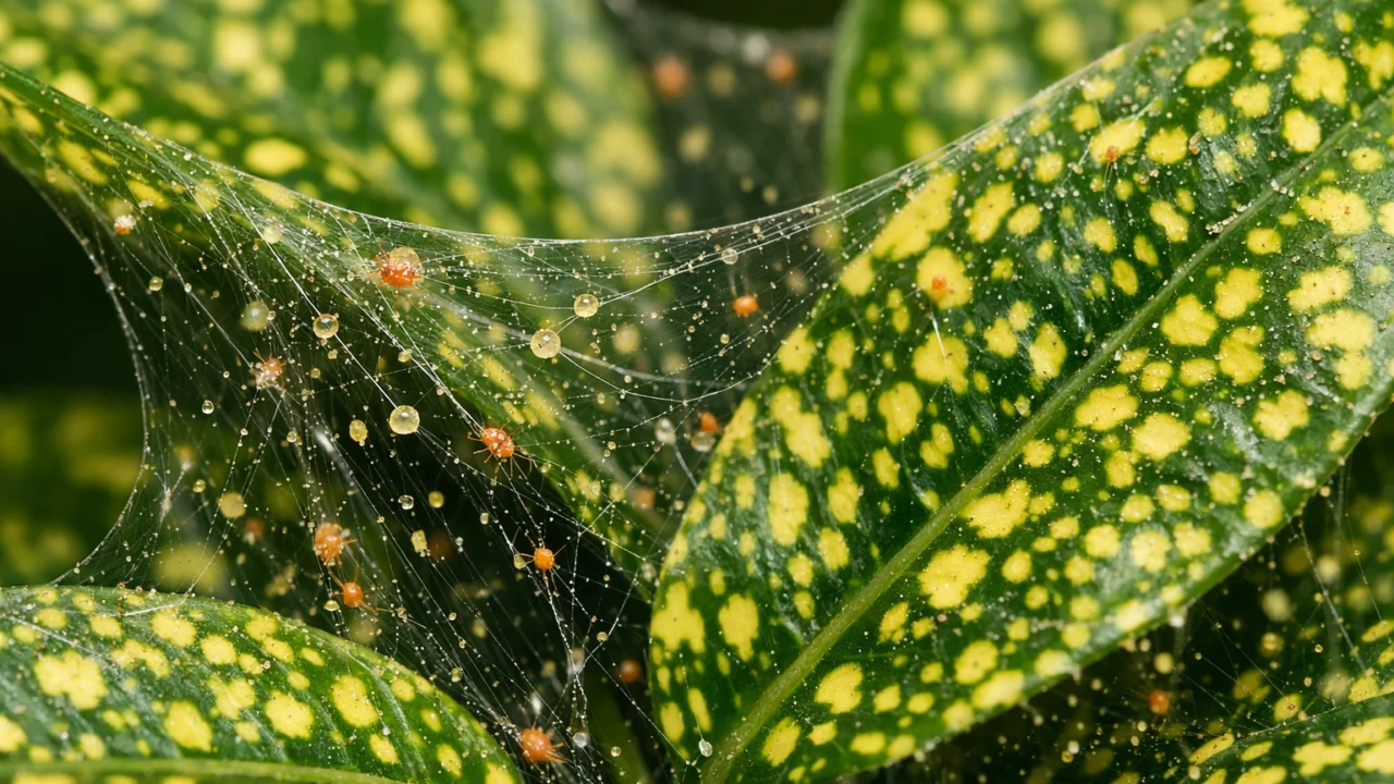 Grinje na listovima sobne biljke, sitne žute točkice i paučinasta mreža kao znak zaraze