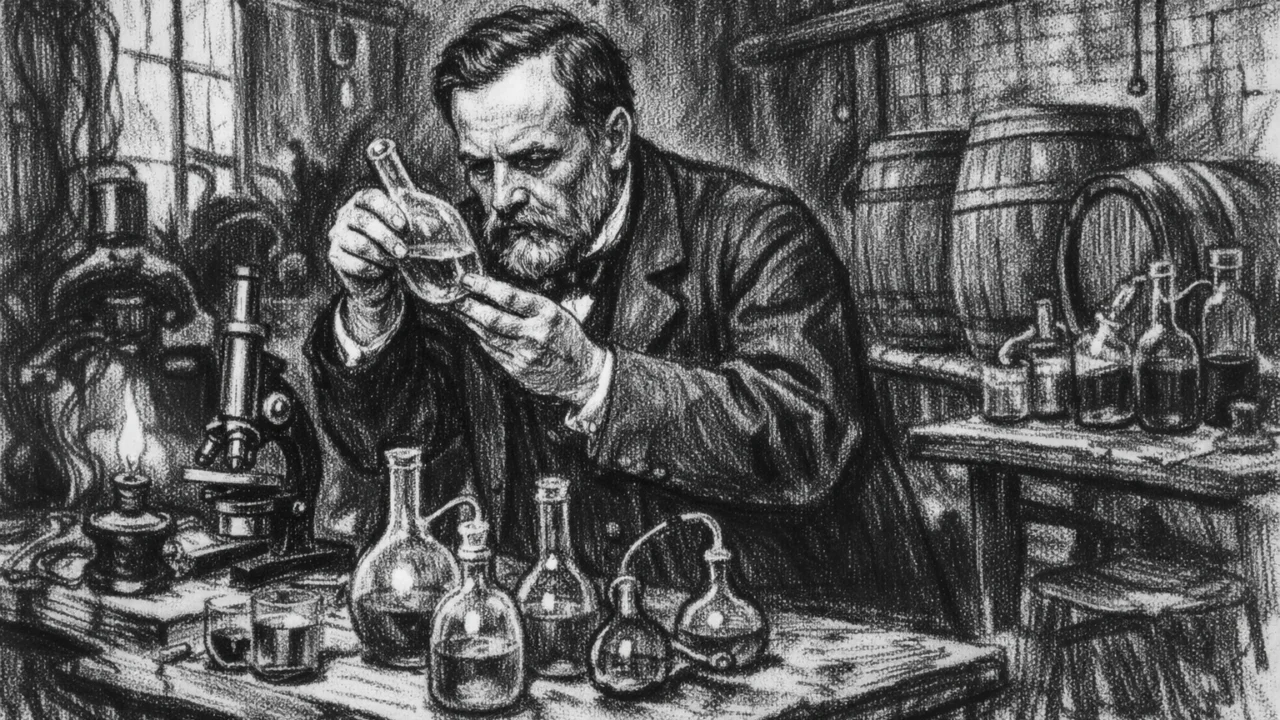 Louis Pasteur tijekom istraživanja fermentacije u Lilleu, ilustriran u ugalj stilu