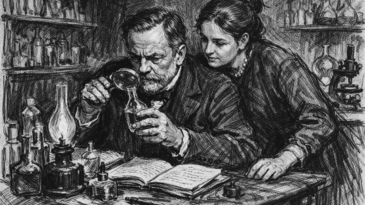 Louis Pasteur u laboratoriju uz potporu supruge Marie, prikaz u ugalj stilu s emocionalnom dubinom