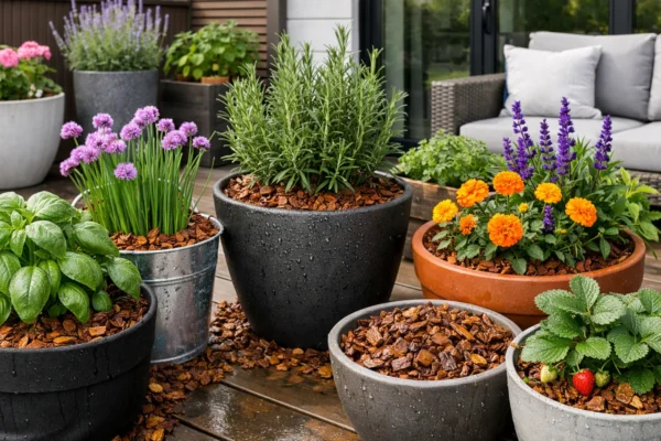 Malčiranje biljaka u posudama na modernoj terasi, očuvanje vlage, uredan izgled i zdrav rast biljaka