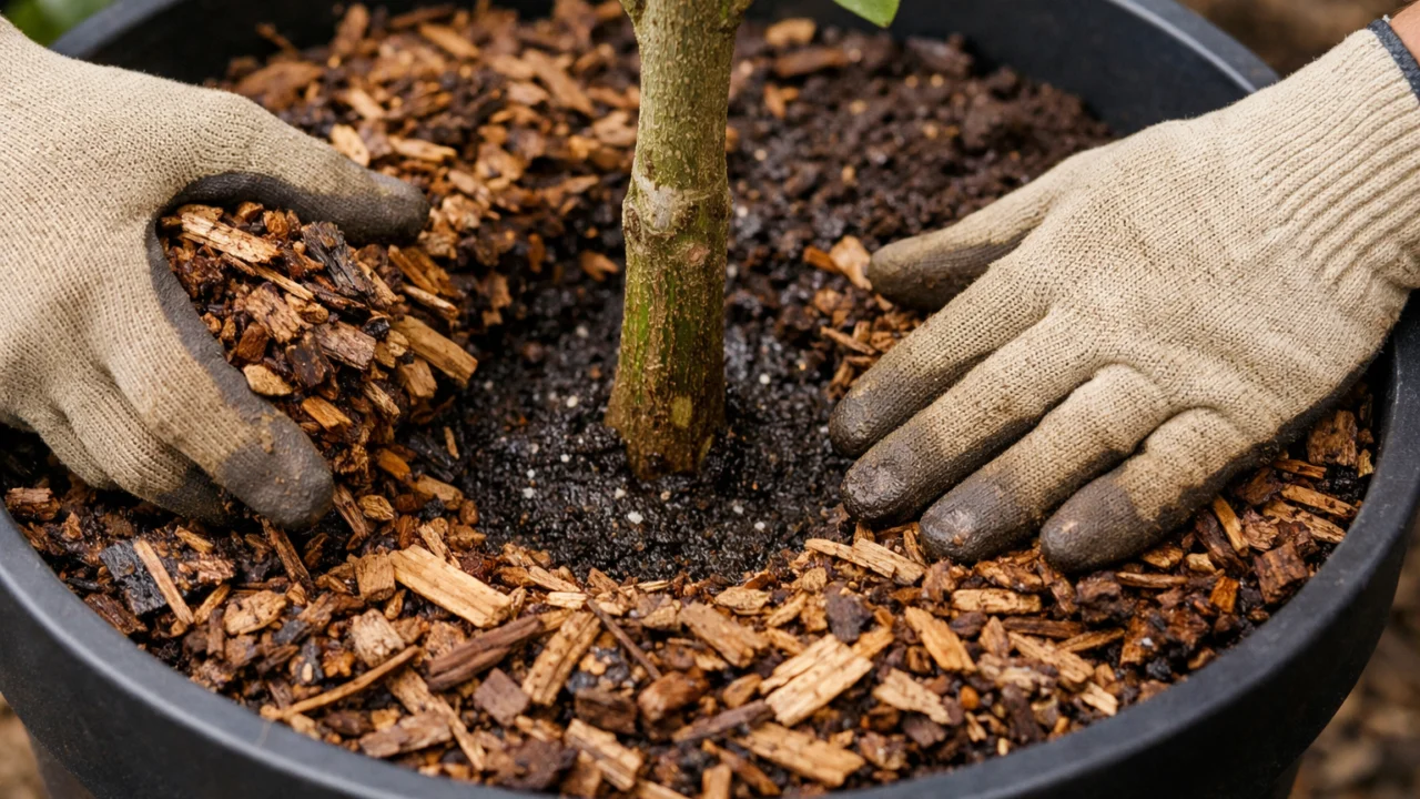 Detaljno postavljanje organskog malča u posudu uz razmak oko stabljike za pravilno malčiranje