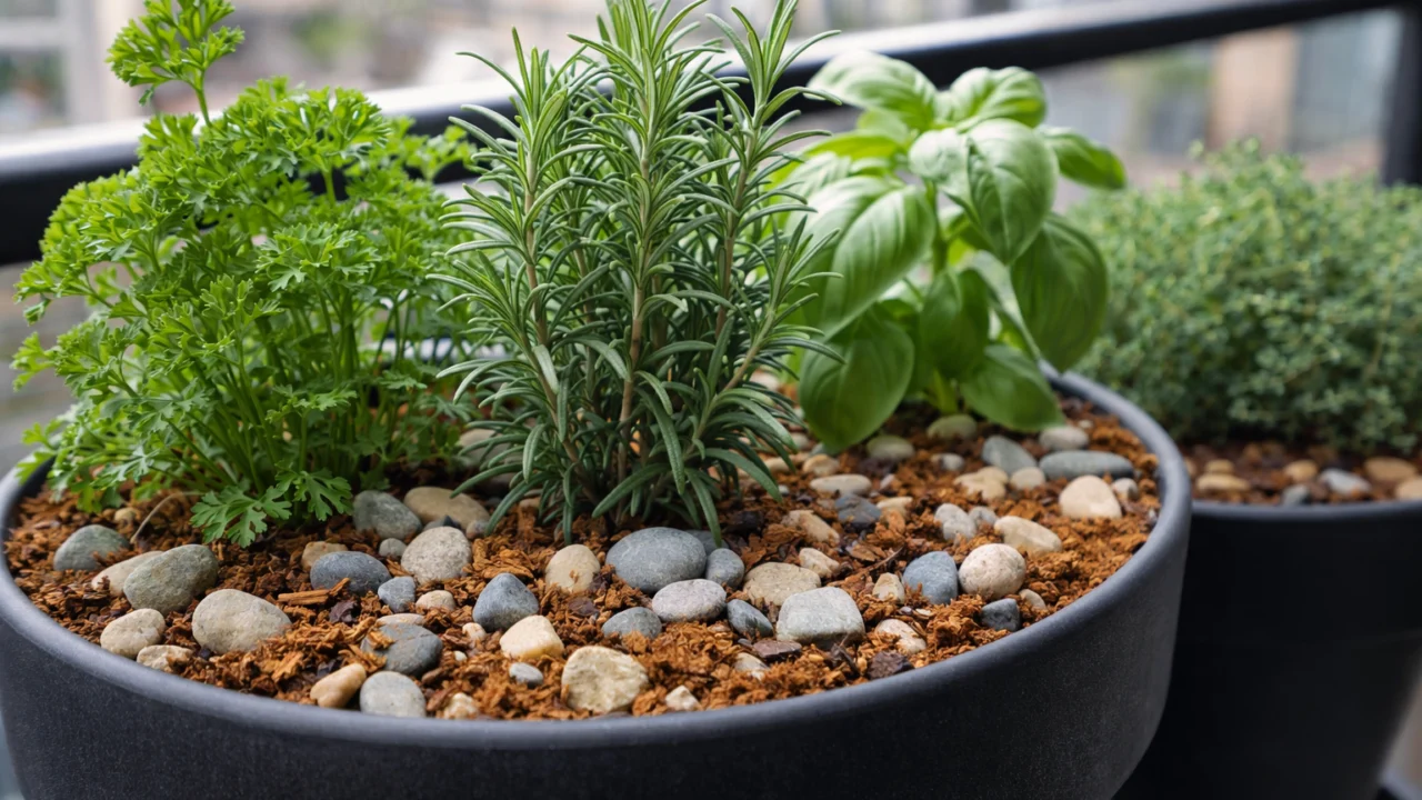 Kombinacija organskog i mineralnog malča u posudama na balkonu za bolju izolaciju i manje isparavanje