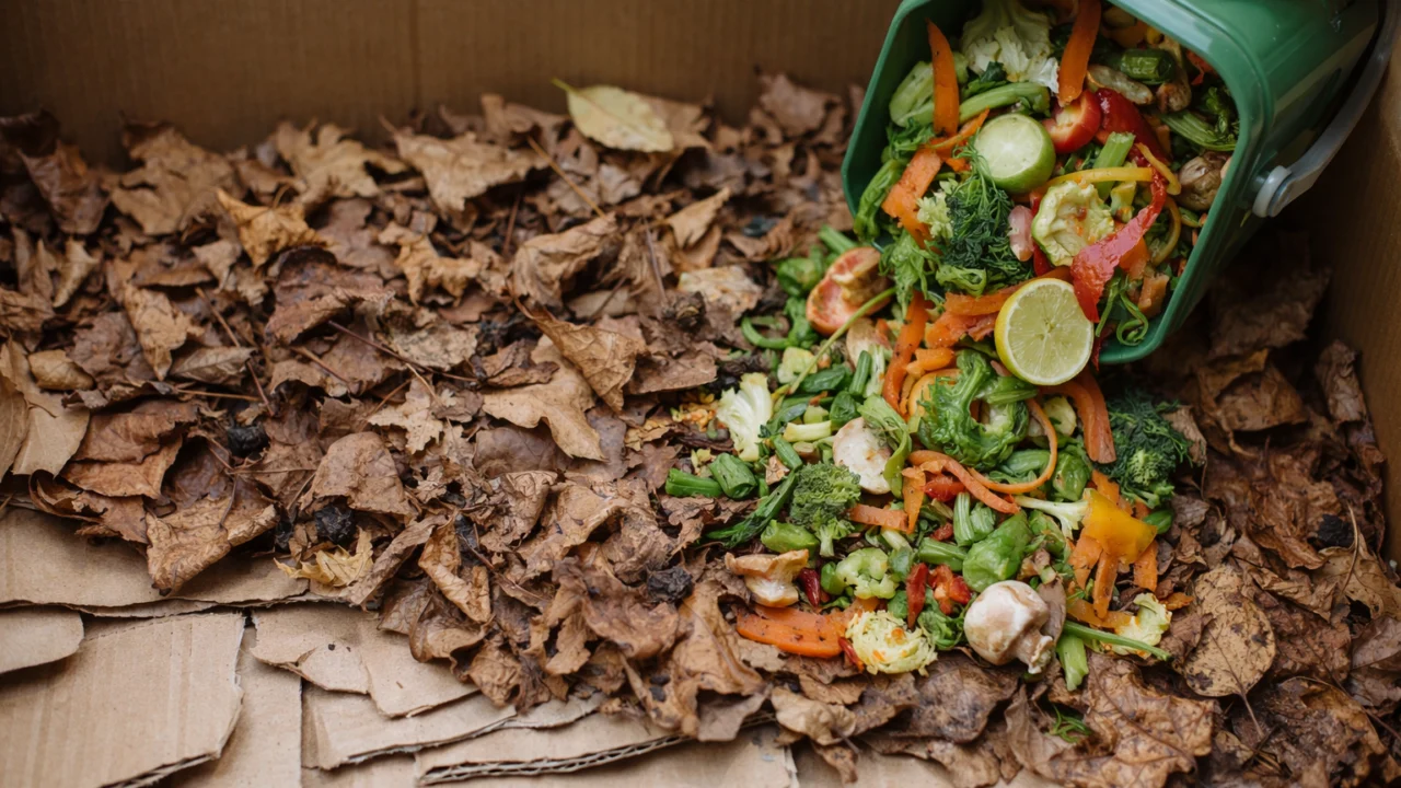 Slojevi biootpada i suhog materijala u balkonskom komposteru za pravilno i učinkovito stvaranje komposta