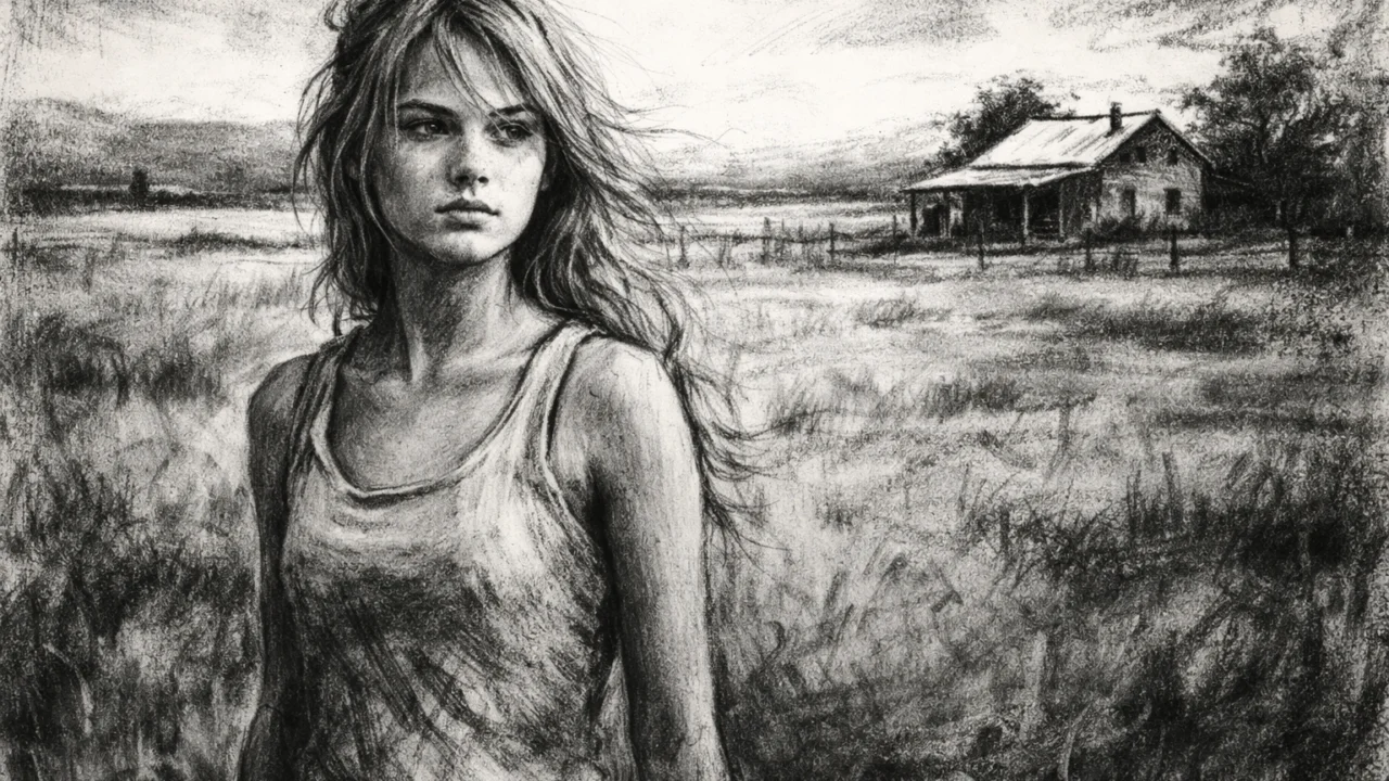 Margot Robbie u mladim danima na farmi, prikazana u ugalj stilu s ruralnim okruženjem