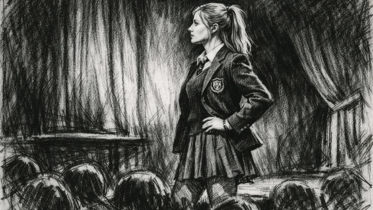 Margot Robbie na školskoj pozornici tijekom glume, prikazana u ugalj stilu s izražajnim linijama