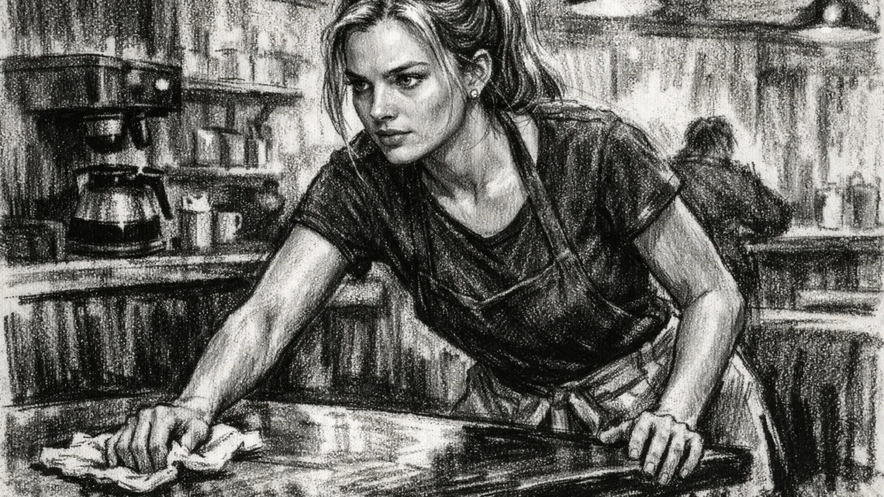 Margot Robbie tijekom rada uz studij glume, ilustracija u ugalj stilu visokog kontrasta