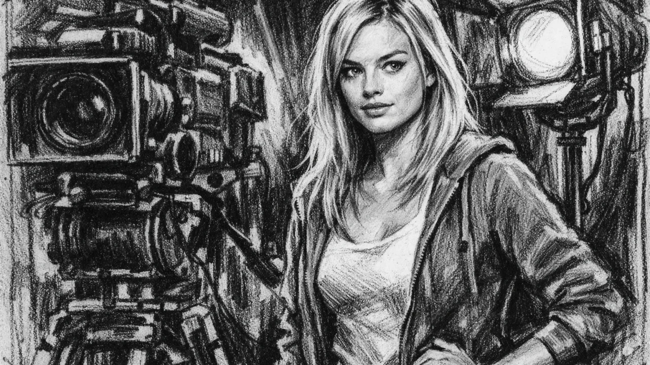 Margot Robbie na snimanju serije Neighbours, prikazana u ugalj stilu s TV setom