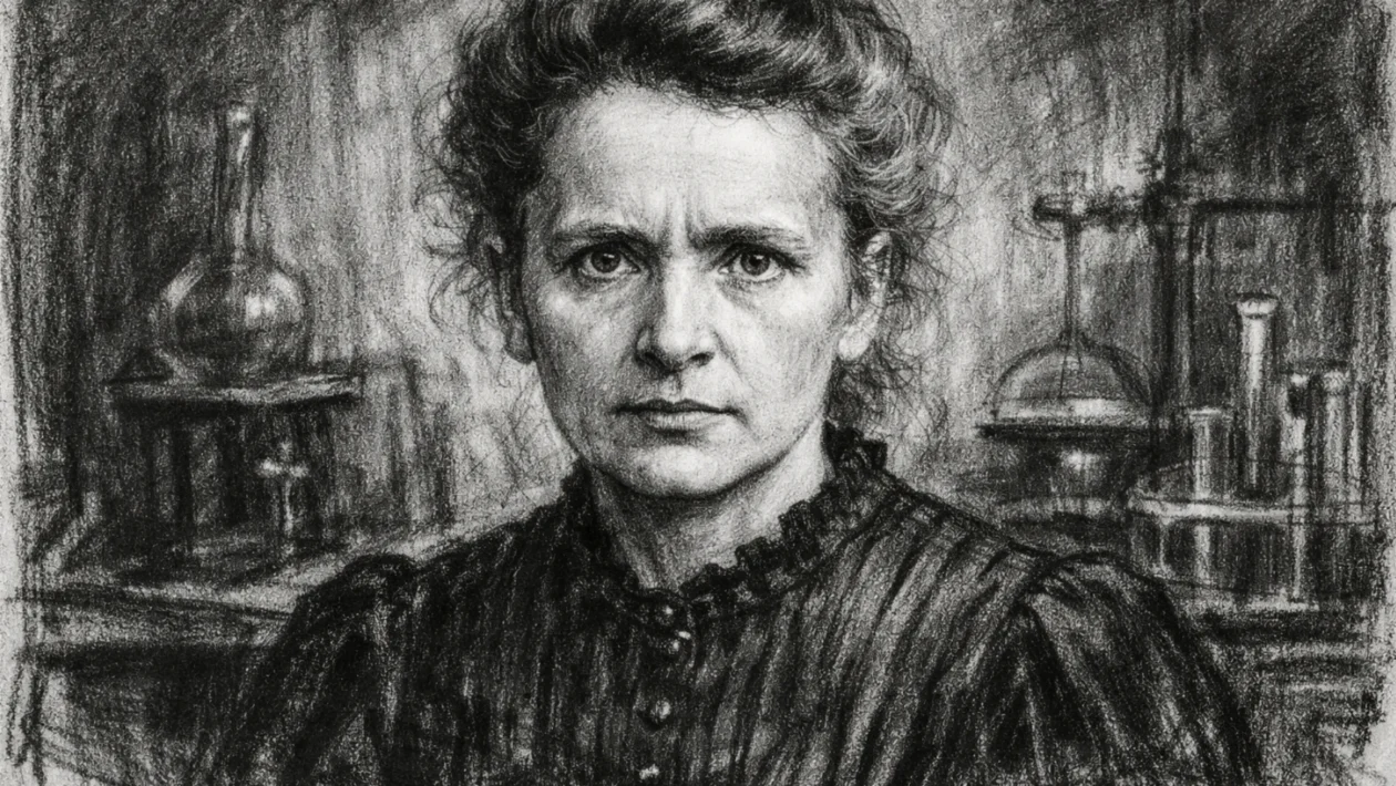 Portret Marie Curie u ugalj stilu, crno-bijeli portret s naglašenim kontrastom i izražajnim linijama