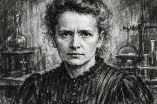Portret Marie Curie u ugalj stilu, crno-bijeli portret s naglašenim kontrastom i izražajnim linijama