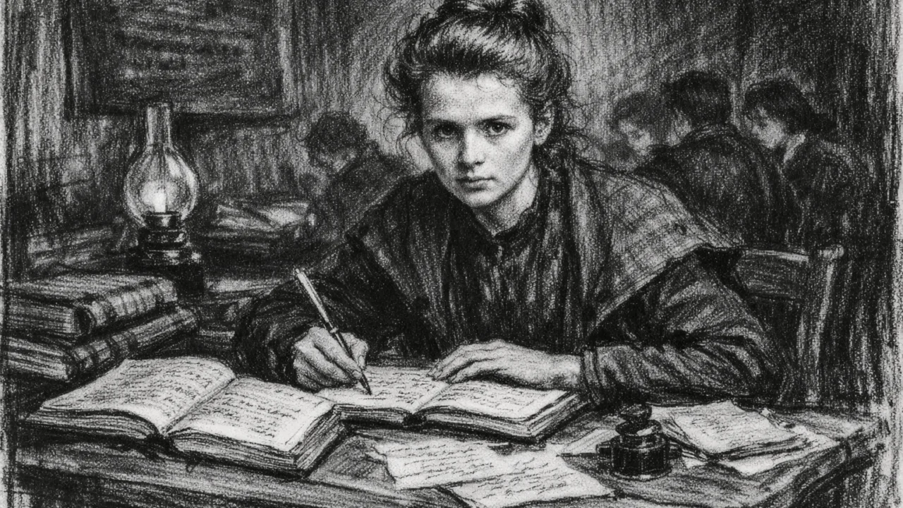 Mlada Marie Curie tijekom tajnog obrazovanja u Varšavi, prikazana u ugalj stilu s dramatičnim kontrastom