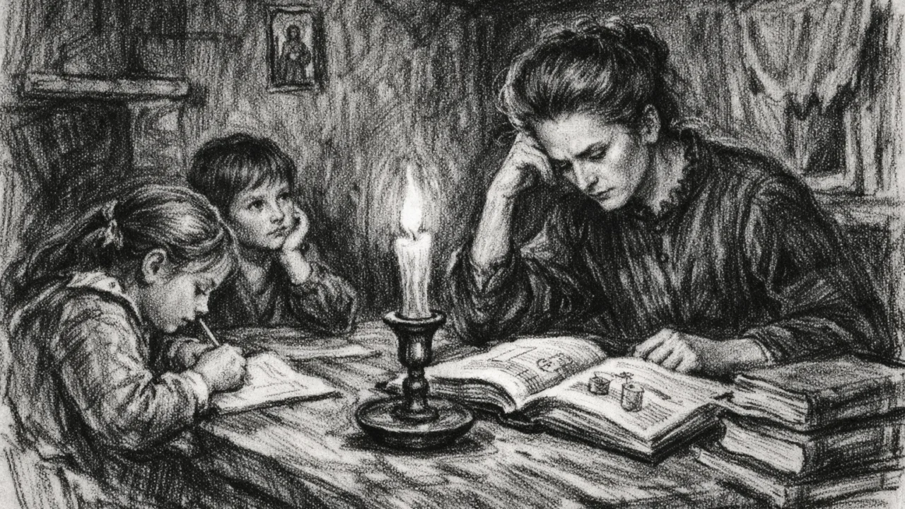 Marie Curie kao guvernanta u Poljskoj, prikaz života i rada u ugalj stilu, crno-bijelo