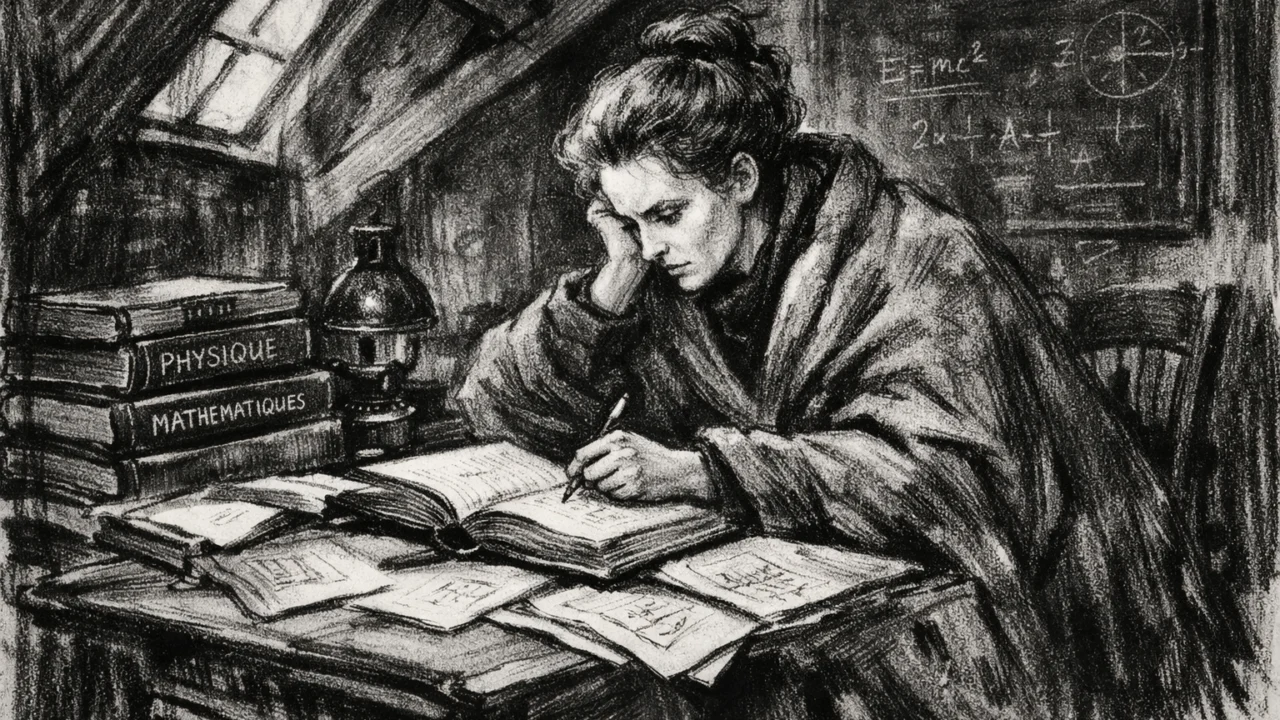 Marie Curie tijekom studija na Sorboni, siromašni uvjeti prikazani u ugalj stilu