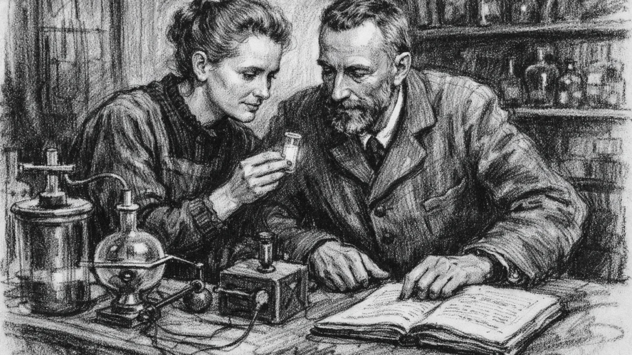 Marie i Pierre Curie u laboratoriju, znanstvena suradnja prikazana u ugalj stilu