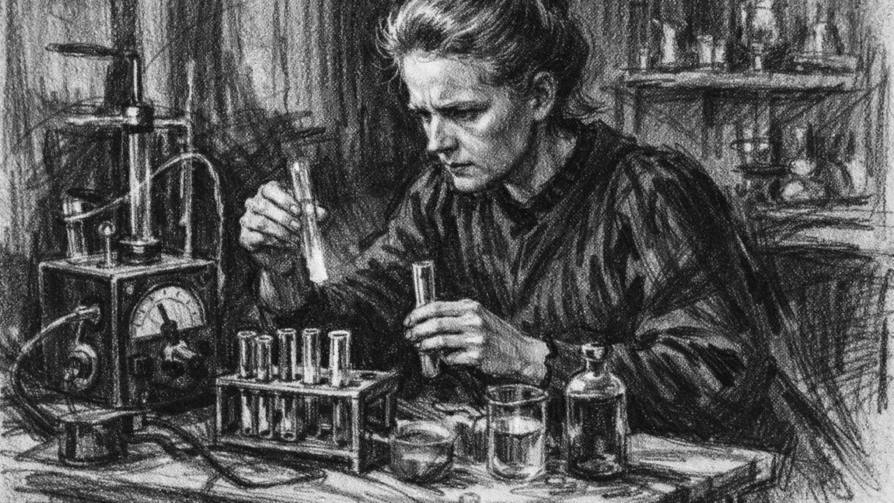 Marie Curie tijekom znanstvenog istraživanja zračenja, snažna atmosfera u ugalj stilu
