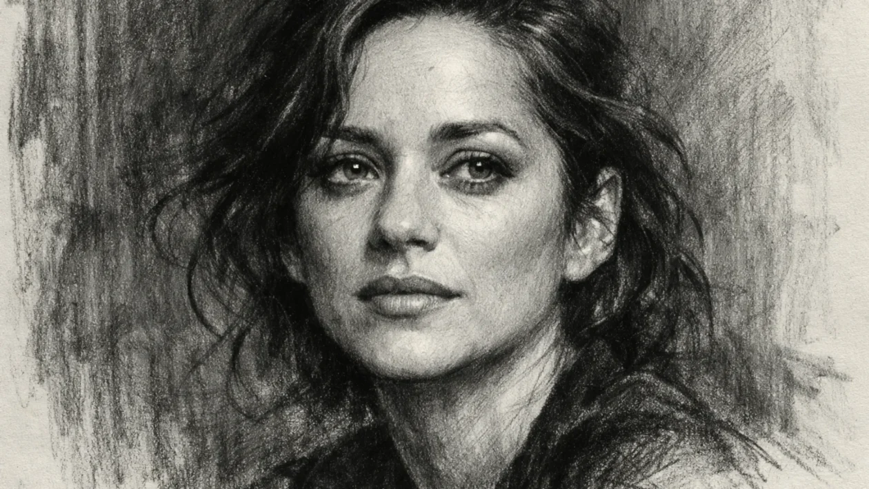 Portret Marion Cotillard u ugalj stil crtežu, snažan kontrast i izražajne linije.