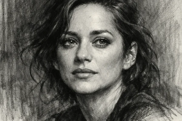 Portret Marion Cotillard u ugalj stil crtežu, snažan kontrast i izražajne linije.