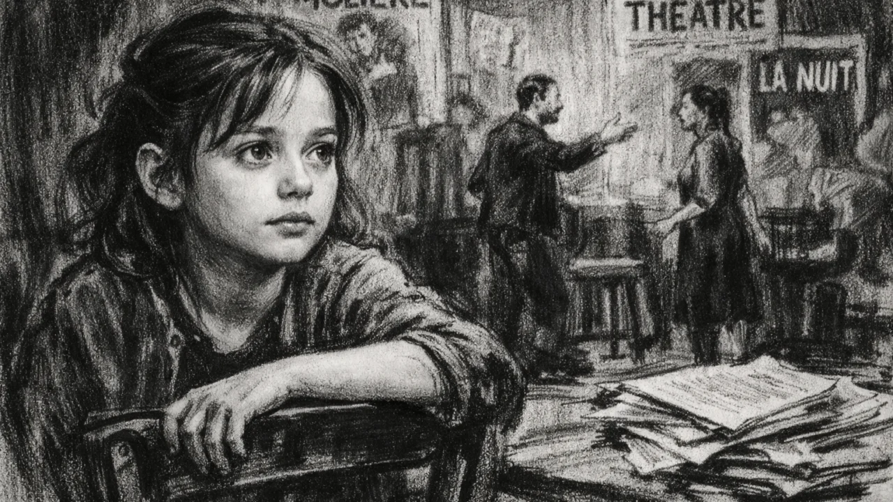 Marion Cotillard u djetinjstvu u umjetničkom okruženju, prikazano u ugalj stil crtežu.