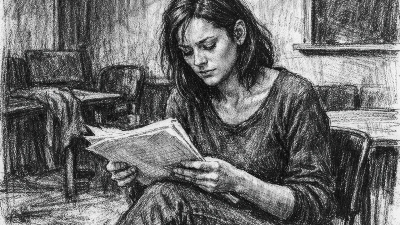 Marion Cotillard tijekom glumačkog obrazovanja, crtež u ugalj stilu.