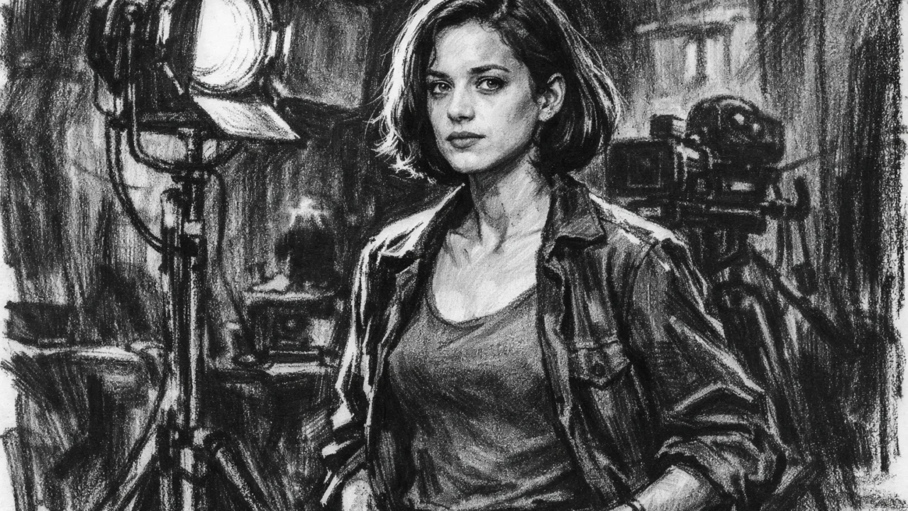 Rani filmski dani Marion Cotillard prikazani u ugalj stil ilustraciji.