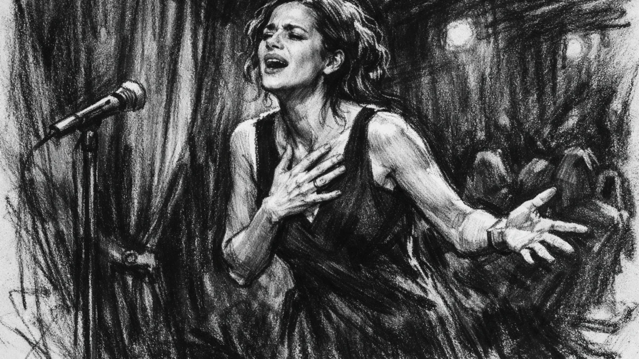 Marion Cotillard na kazališnoj pozornici, izrađena u ugalj stil crtežu.