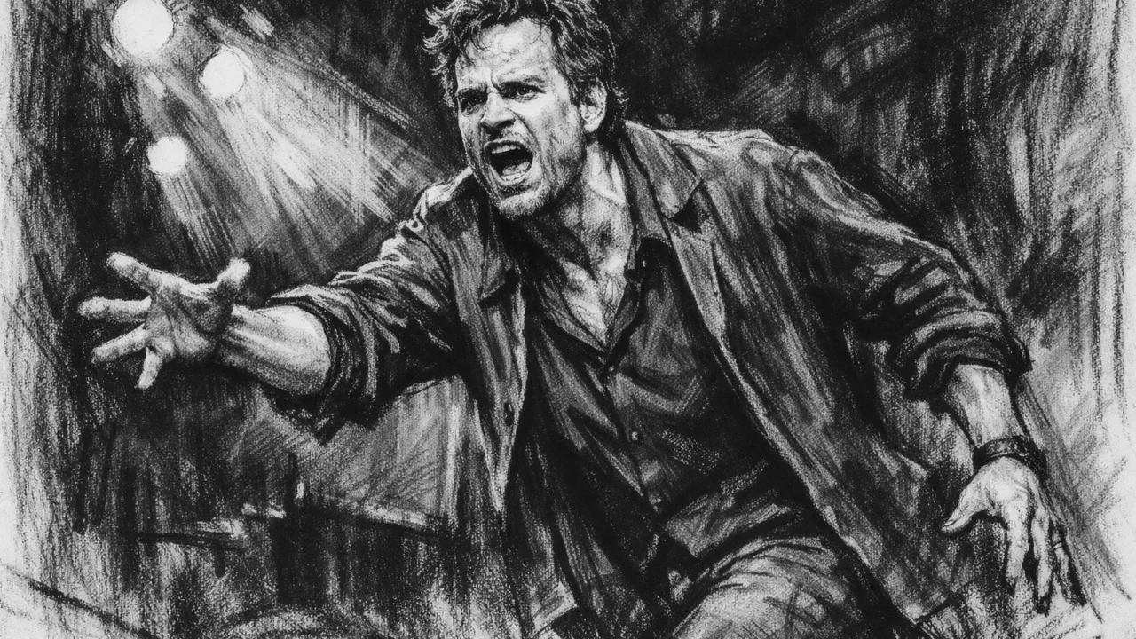 Mark Ruffalo na kazališnoj pozornici tijekom ranih godina karijere, nacrtano u uglj stilu